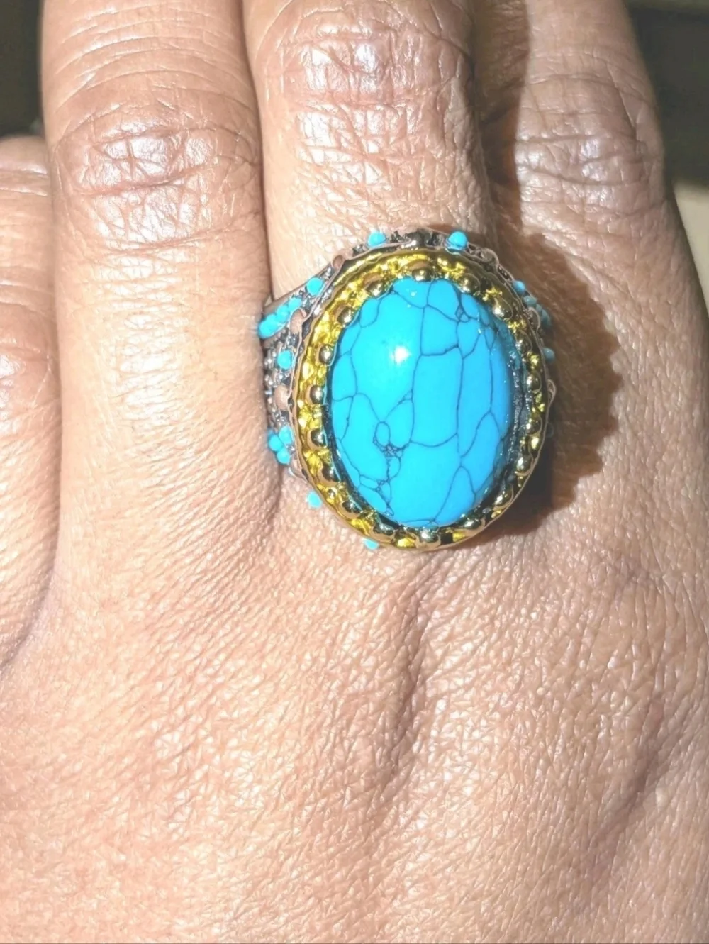 Retro Punk Style Ring Simulated Turquoise Two Tone Polished Statement Band Ring